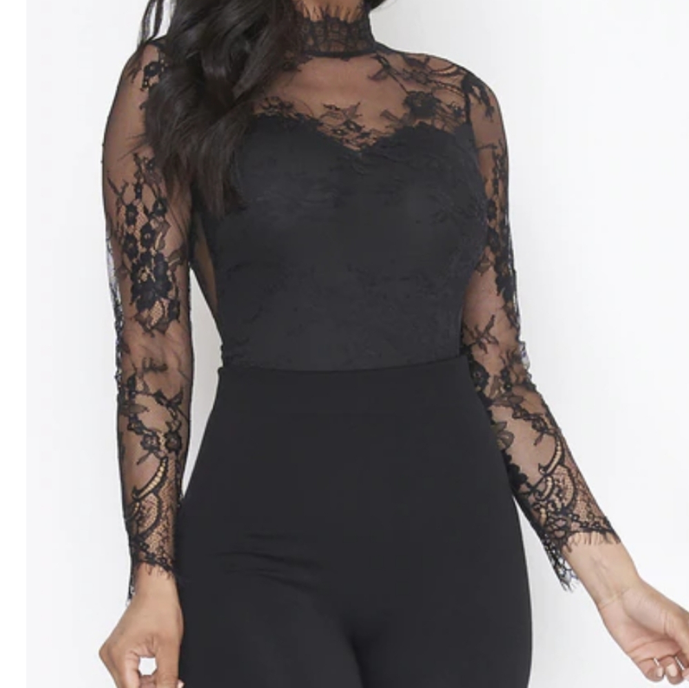 Black Lace Long Sleeve Bodysuit Mock Neck
